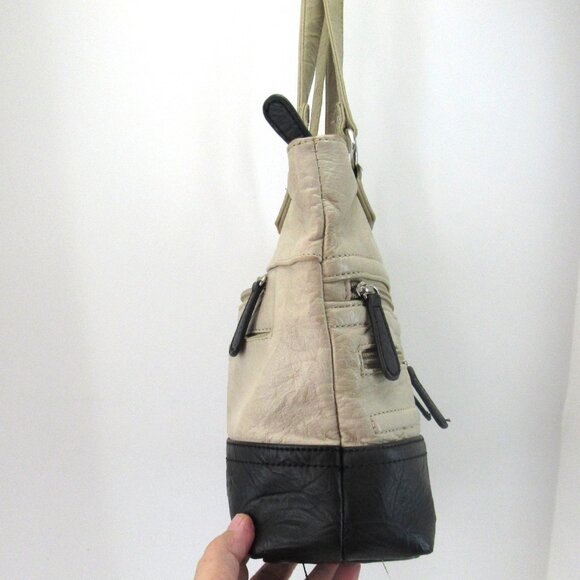 Stone Mountain Beige & Black Double Handle Multi Zip Pockets Leather Handbag - Picture 5 of 11